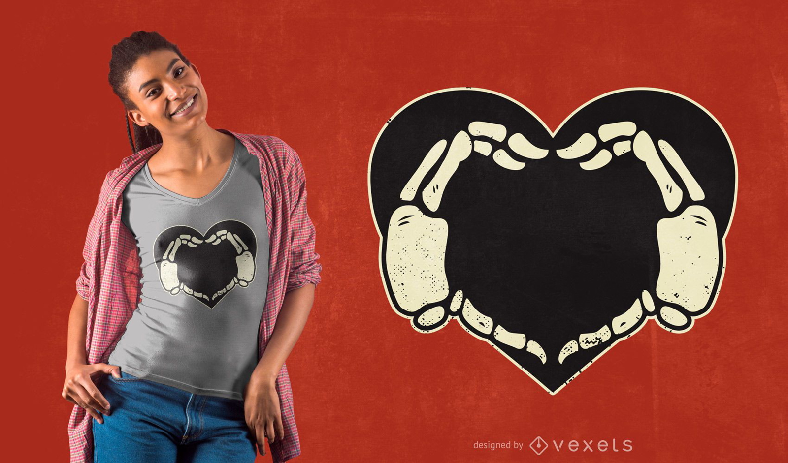 Design de camiseta com esqueleto mãos e coração