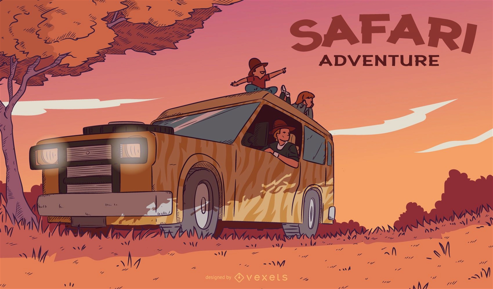 Safari adventure sunset illustration