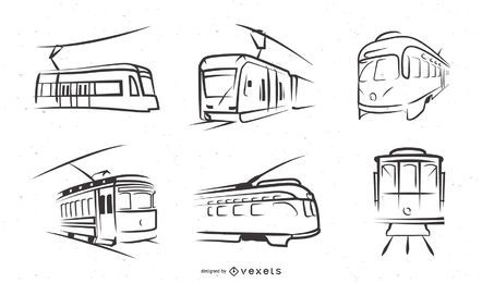 Trolley Car Line Art Illustration Set