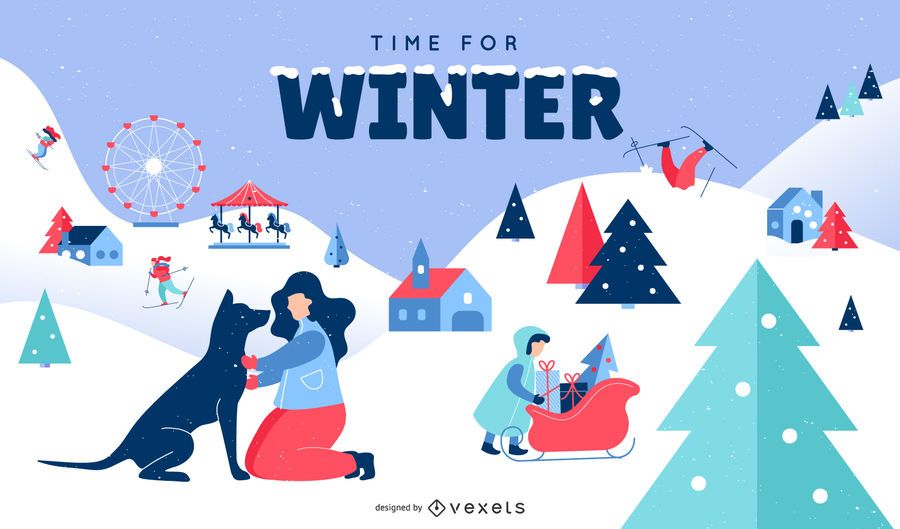 Winter Snow Scene Flat Illustration Winter Snow Scene Flat Illustration