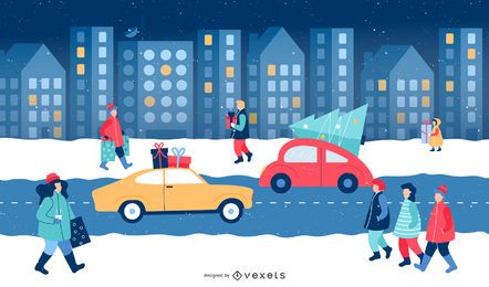 Stadt-Weihnachtswinter-Illustrations-Szene Stadt-Weihnachtswinter-Illustrations-Szene