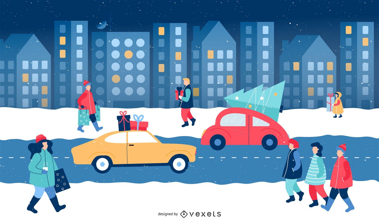 Escena de ilustración de invierno de Navidad de la ciudad