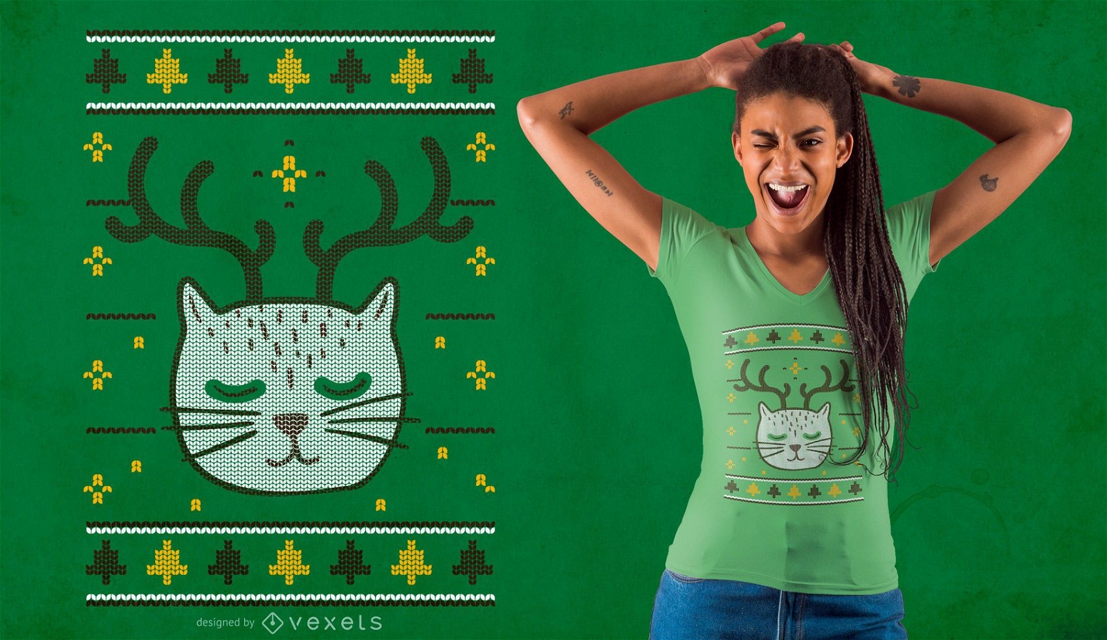 Diseño de camiseta de gato suéter feo de Navidad