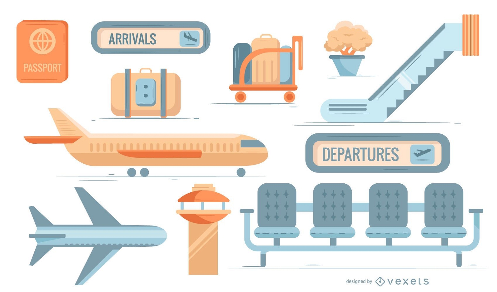 Conjunto de ícones planos de aeroporto