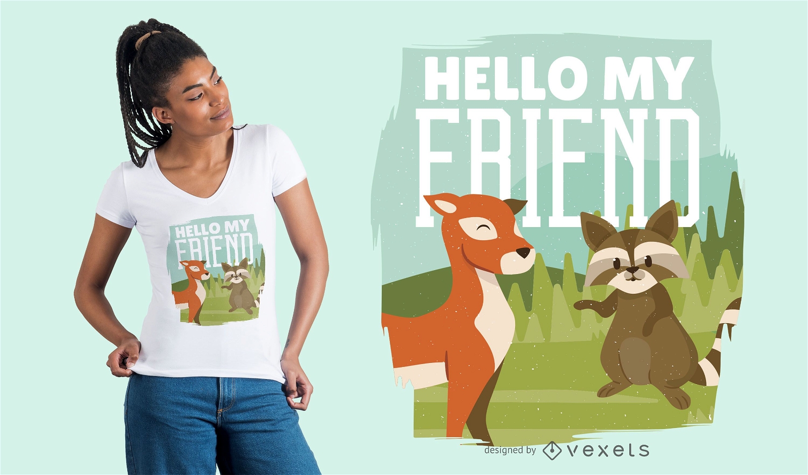 Design de camisetas de amigos animais cervos e guaxinins