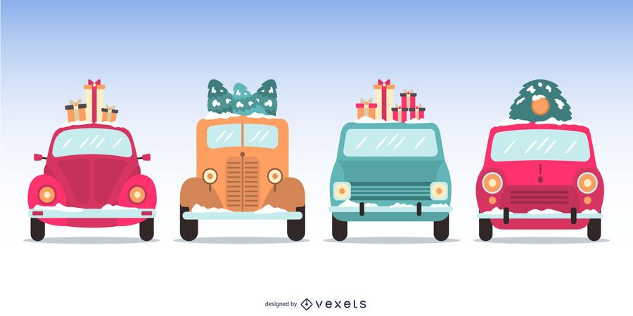 Flat Christmas Cars Illustration Set Flat Christmas Cars Illustration Set
