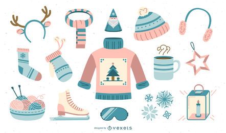 Colección plana de elementos de invierno