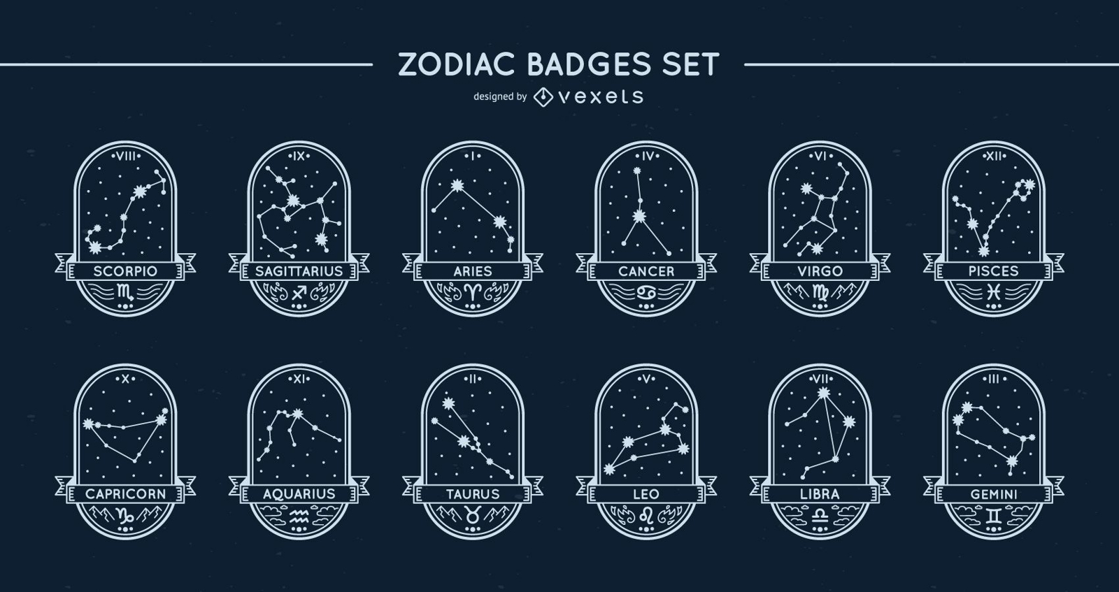 Conjunto de estrelas com emblemas do zodíaco