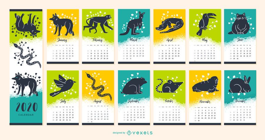 Diseño de calendario animal del año 2020 Diseño de calendario animal del año 2020