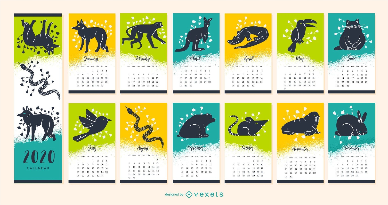 Design do calendário animal do ano 2020