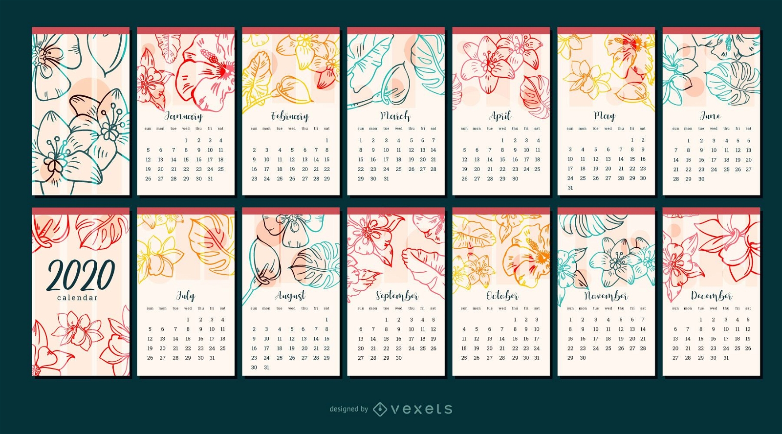 Design do calendário do ano 2020 da flor