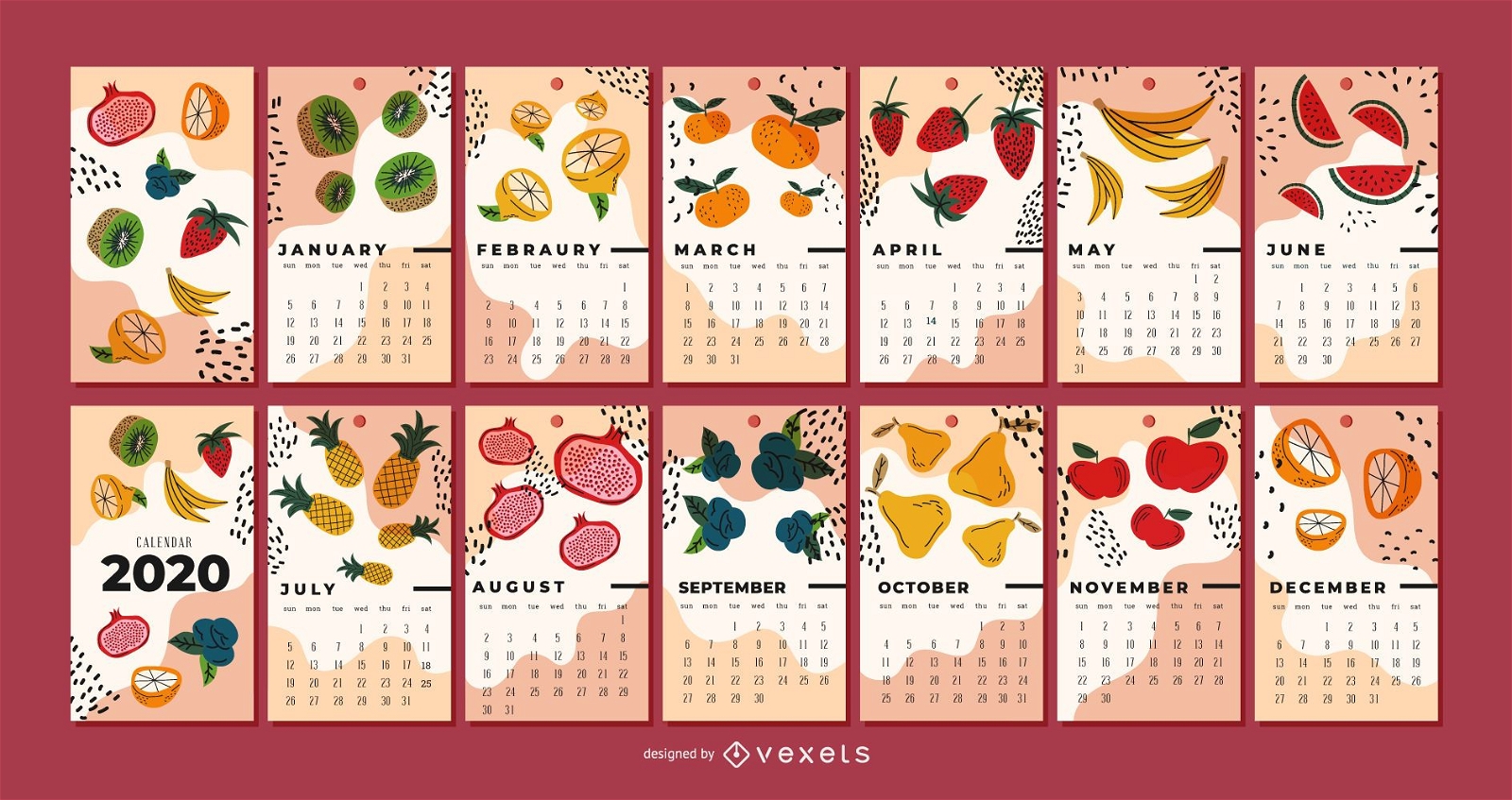 Design do calendário da ilustração de frutas 2020
