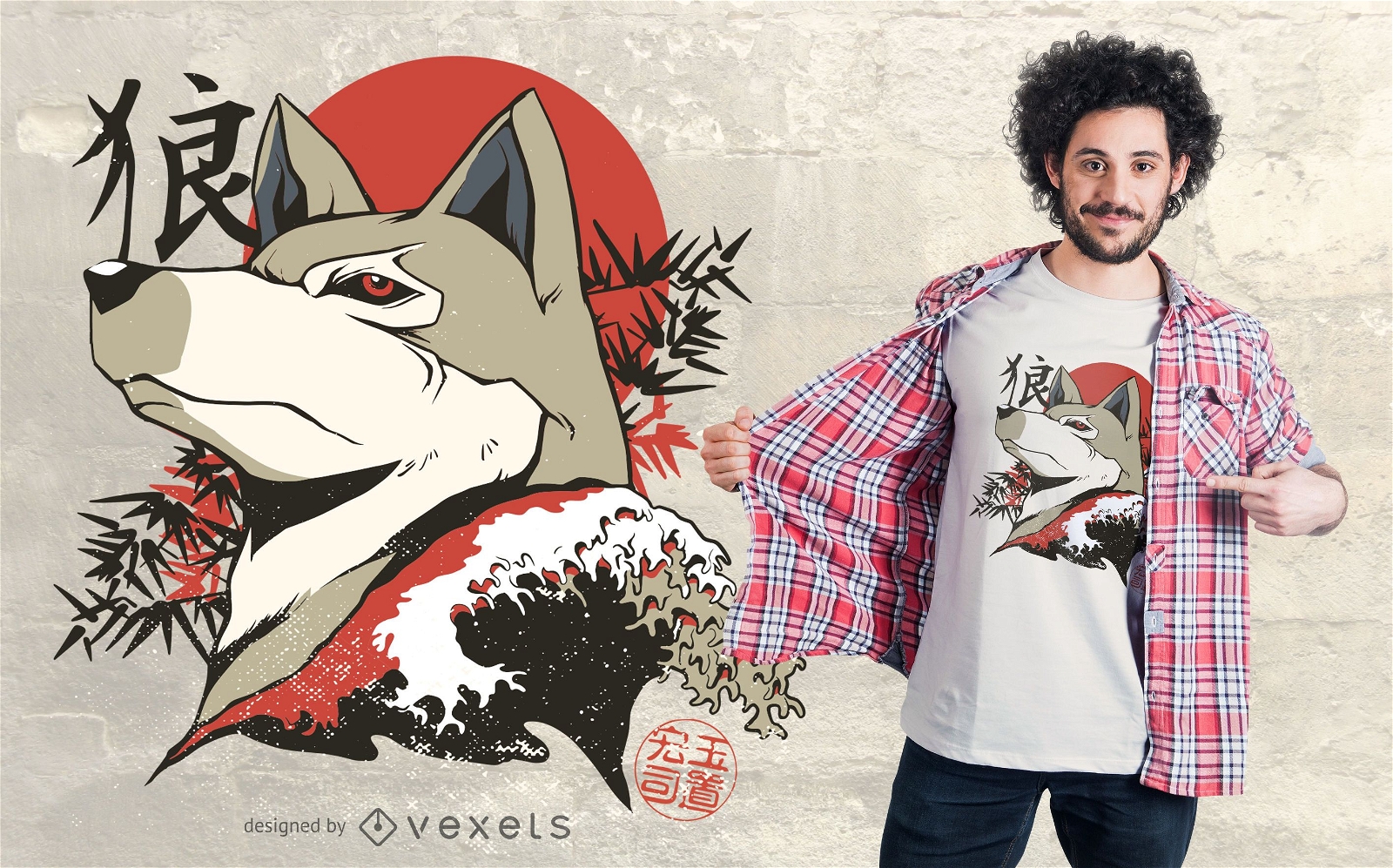 Design de camiseta de lobo japonês