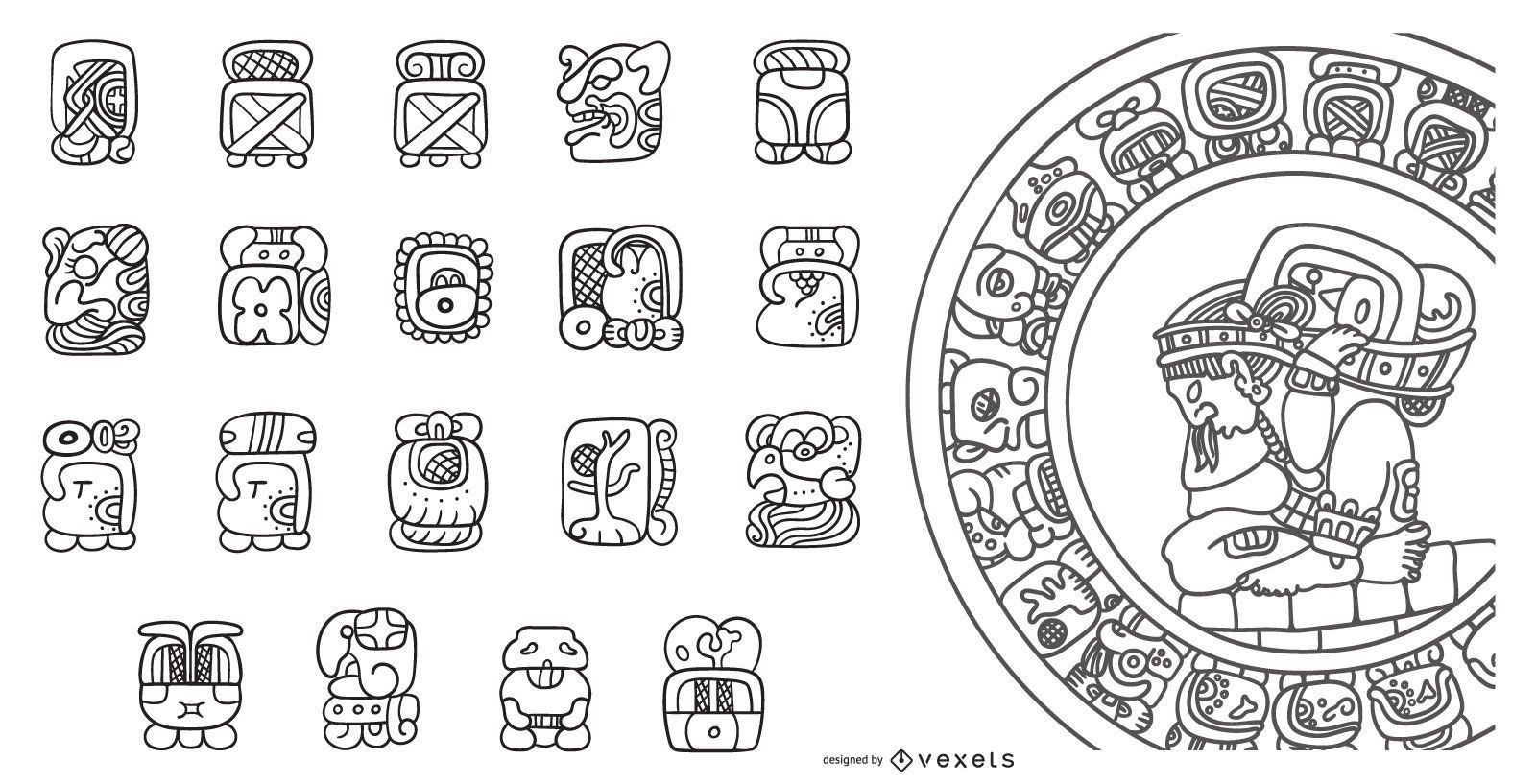 Conjunto de diseño de trazo de calendario maya