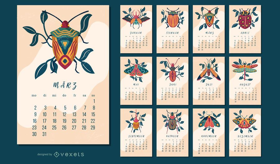 Diseño de calendario alemán de insectos Diseño de calendario alemán de insectos