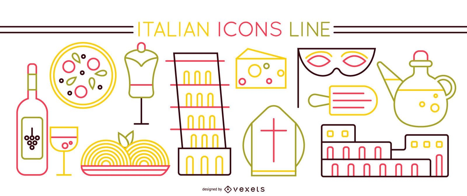 Conjunto de ícones de traços de elementos italianos