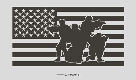 USA Flag Military People Silhouette Design