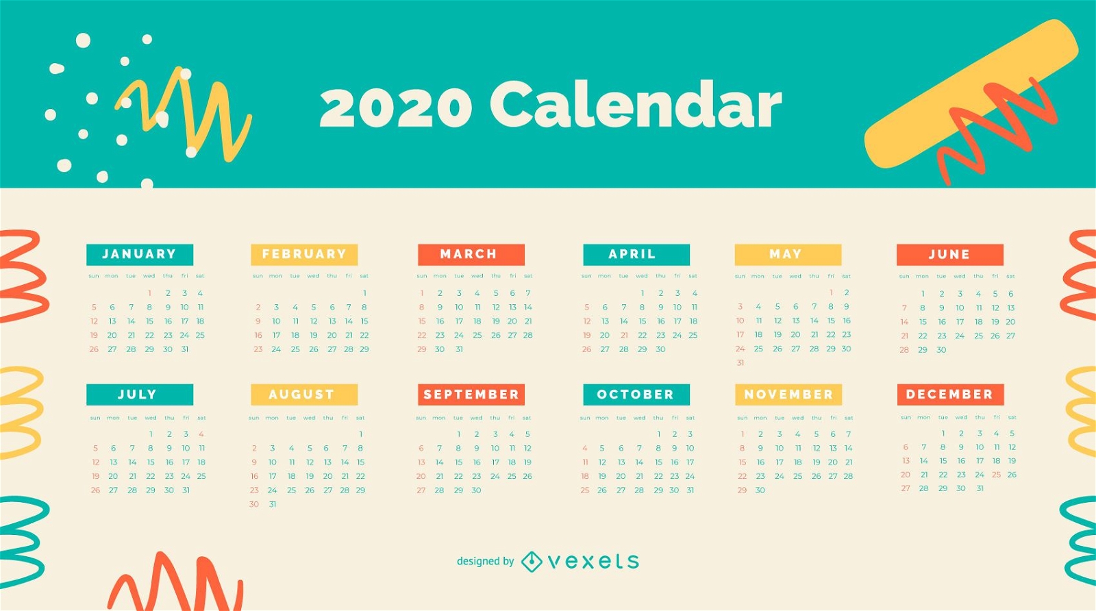 Design de calendário colorido abstrato 2020