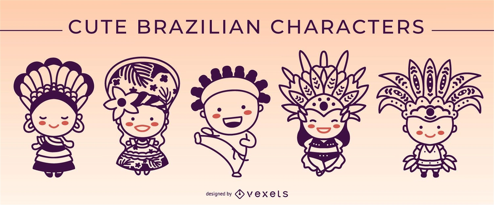 Cute brazilian characters stroke set