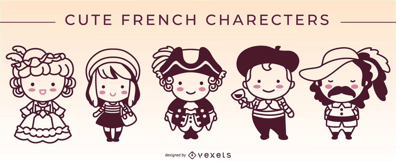 Cute french characters stroke set