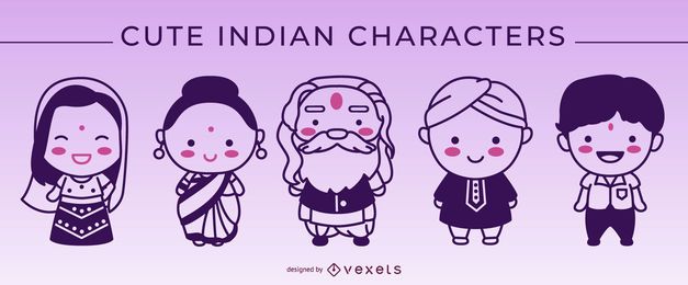 Conjunto de personagens fofinhos com traços indianos