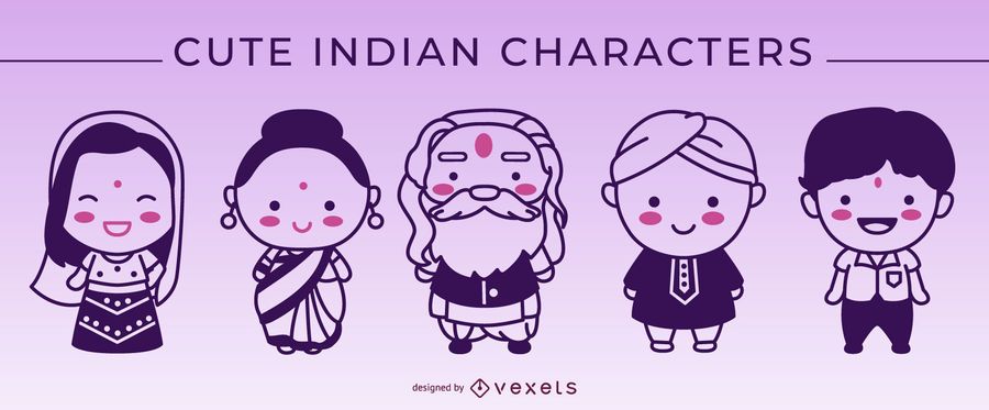 Cute indian stroke characters set Cute indian stroke characters set