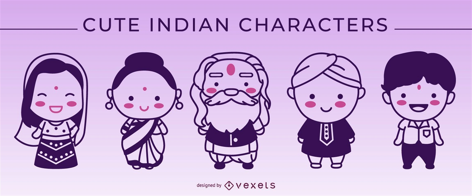 Cute indian stroke characters set