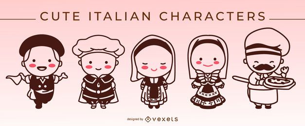 Cute italian stroke characters set Cute italian stroke characters set