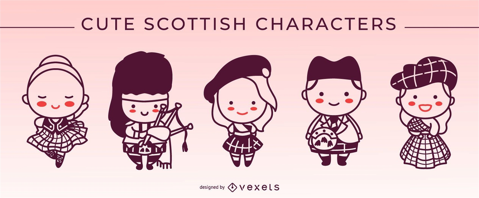 Cute scottish stroke characters set