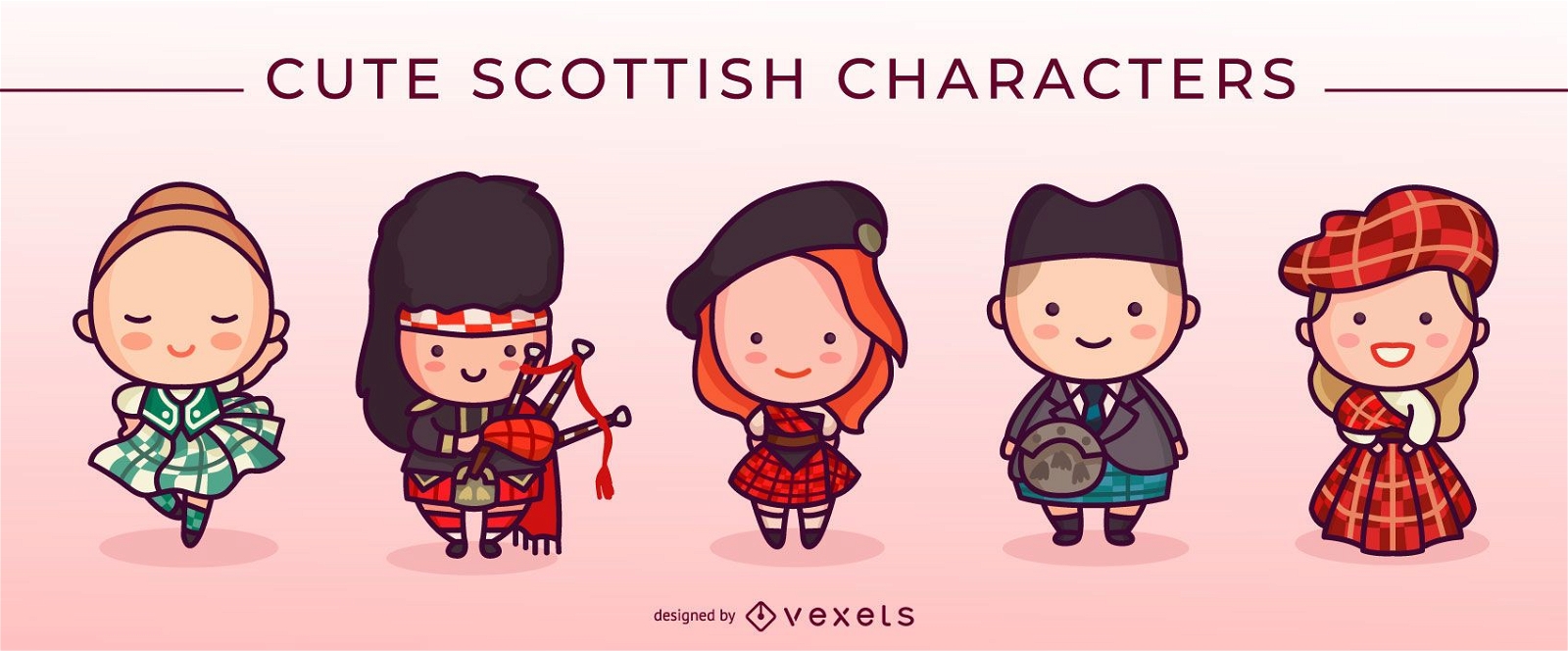 Conjunto de personagens escoceses fofos