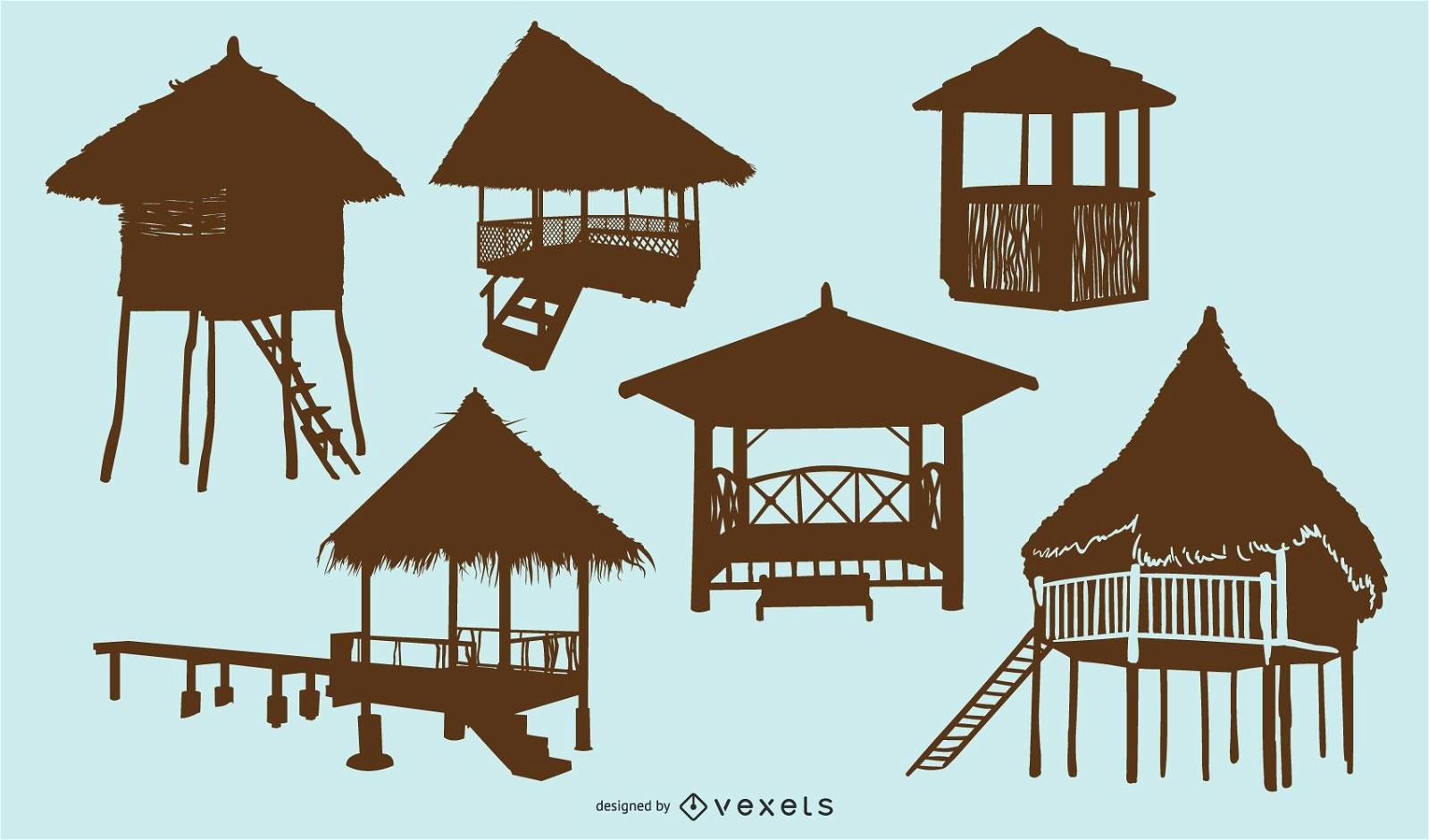 Conjunto de silhueta de cabana de praia de bambu