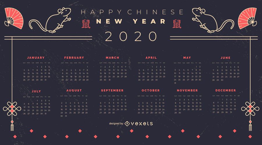 Diseño de calendario de año nuevo chino 2020 Diseño de calendario de año nuevo chino 2020