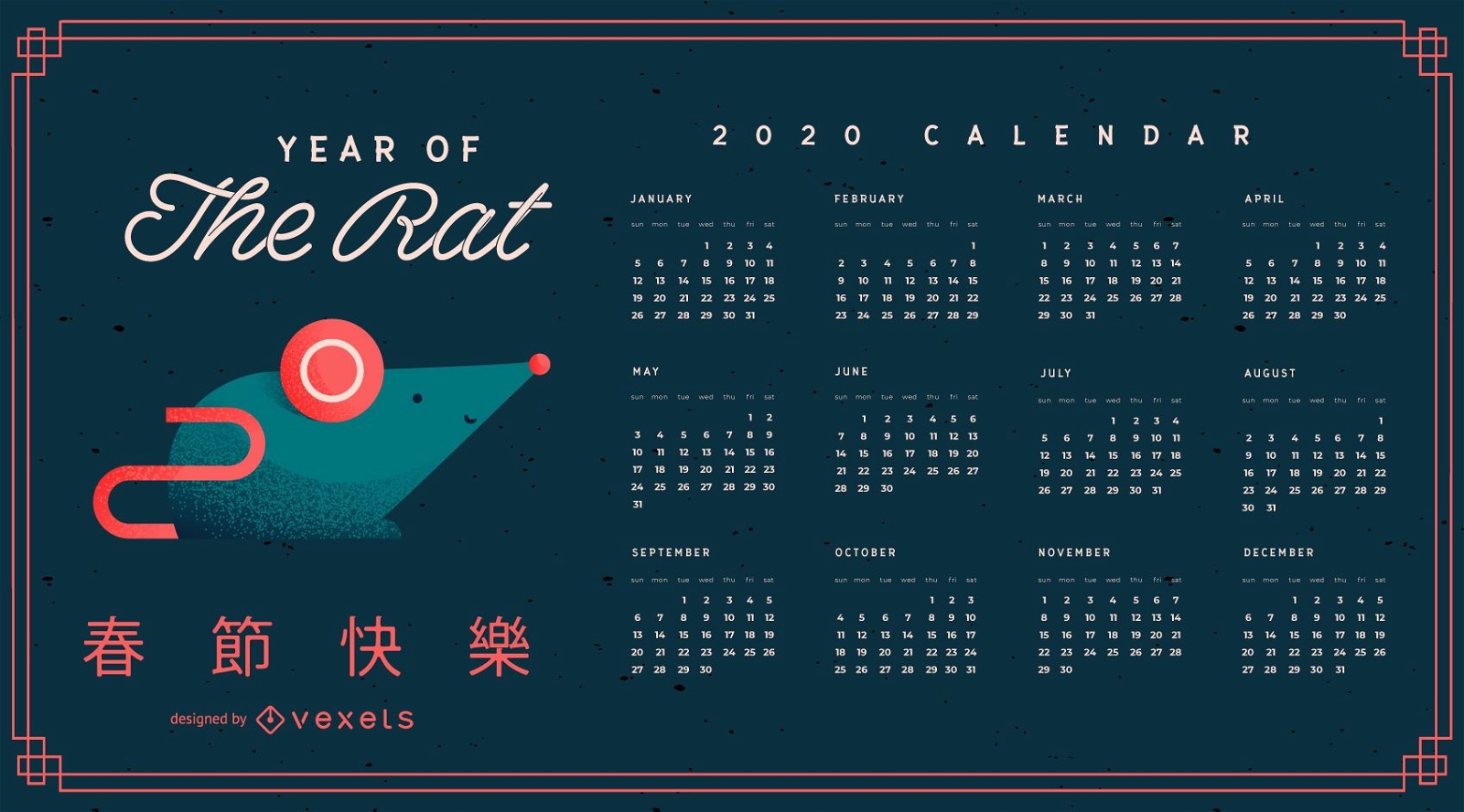 Design do calendário do ano do rato chinês