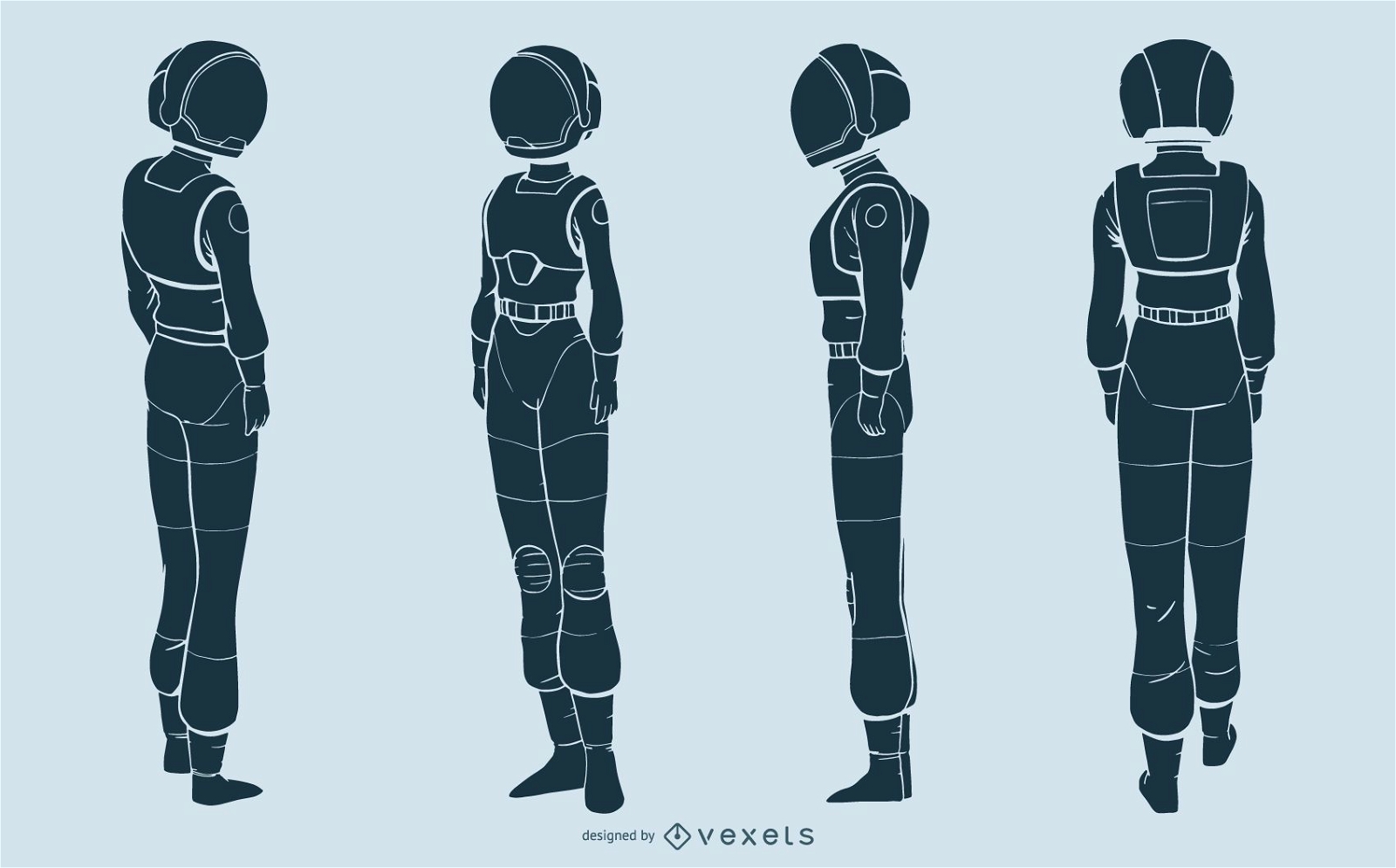 Conjunto de caracteres de silhueta de mulher astronauta