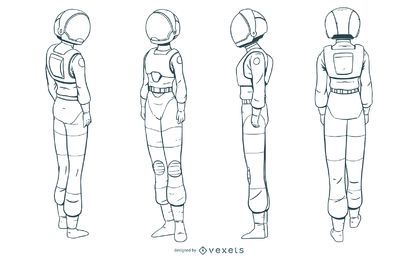 Conjunto dibujado a mano mujer astronauta