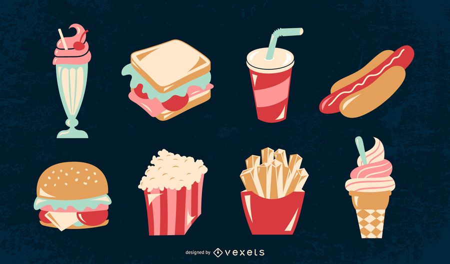 Conjunto de ilustração de comida retrô americana Conjunto de ilustração de comida retrô americana