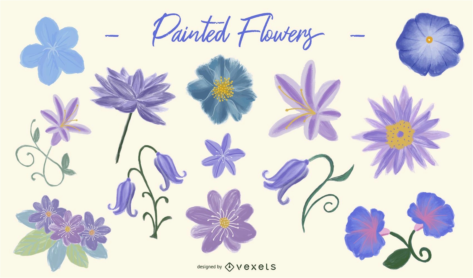 Conjunto de design de flores pintadas de roxo