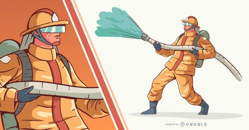Bombero bombeando agua personas ilustración Bombero bombeando agua personas ilustración