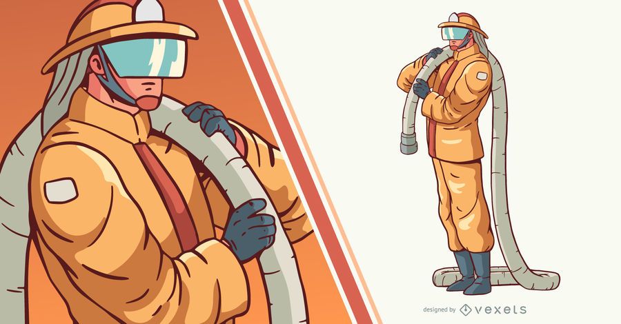 Ilustração de personagem de bombeiro com mangueira Ilustração de personagem de bombeiro com mangueira