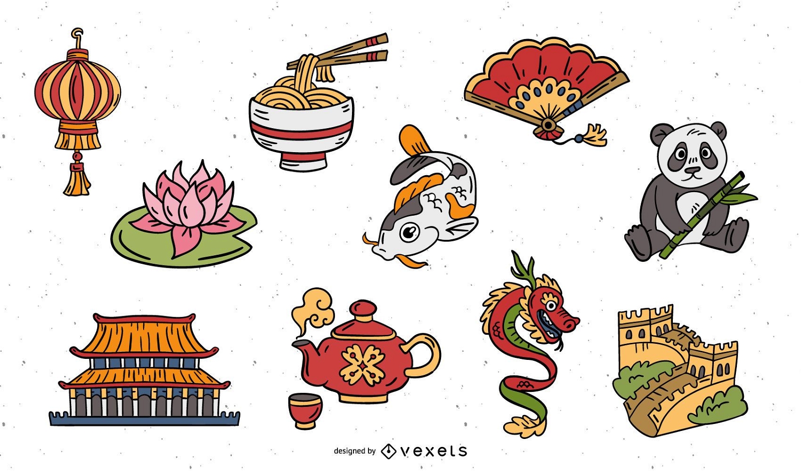 Conjunto de elementos chinos dibujados a mano