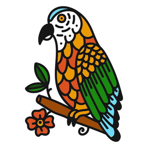 Parrot branch flower colored coloured tattoo stroke PNG Design