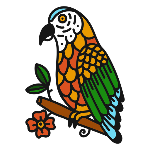 Tra?o de tatuagem colorido de flor de ramo de papagaio Desenho PNG