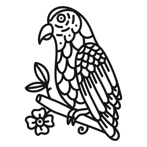 Traço de tatuagem de flor de ramo de papagaio Desenho PNG