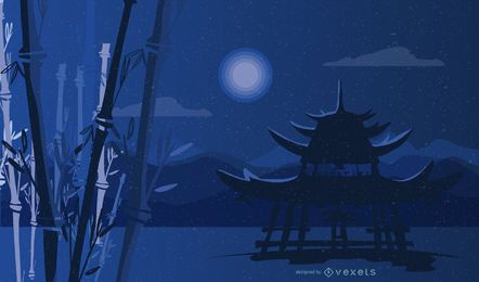 Diseño del paisaje nocturno de bambú del santuario sintoísta Diseño del paisaje nocturno de bambú del santuario sintoísta
