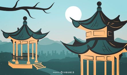 Ilustração da arquitetura tradicional chinesa