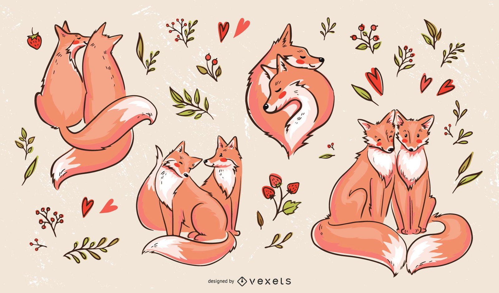 Valentines Fox Paare Illustration Set