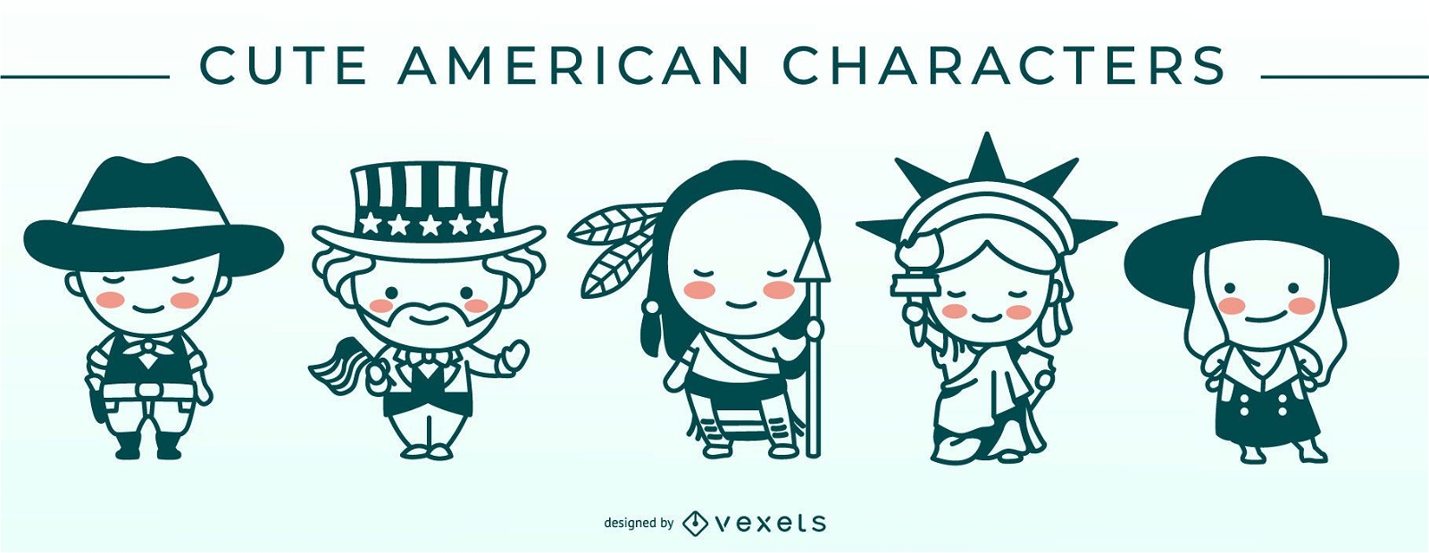 Cute american stroke character set