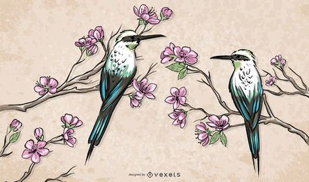 Chinese Birds Standing on Branches Illustration Chinese Birds Standing on Branches Illustration
