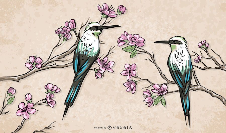 Pájaros chinos parados en la ilustración de ramas Pájaros chinos parados en la ilustración de ramas