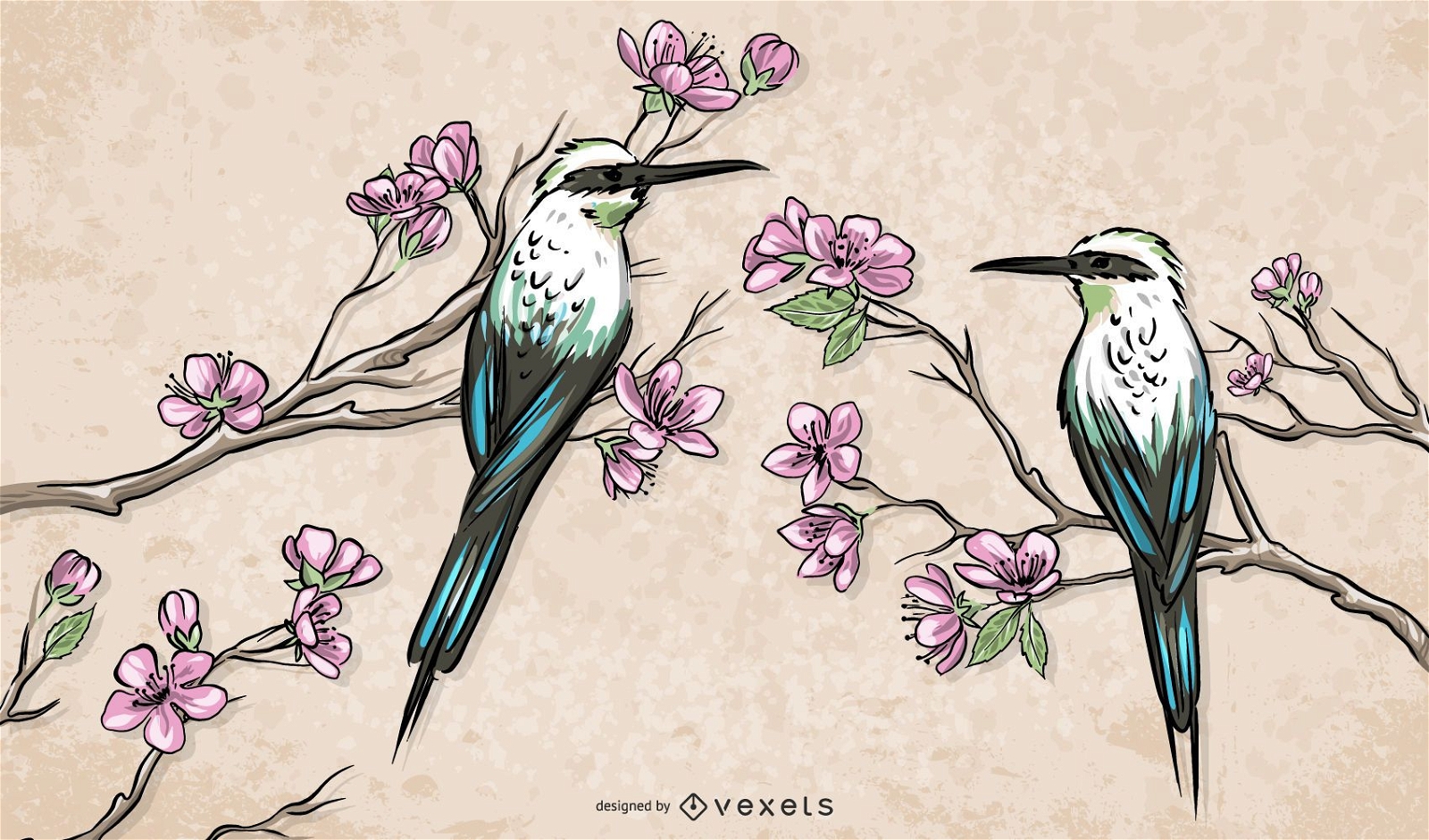 Chinese Birds Standing on Branches Illustration